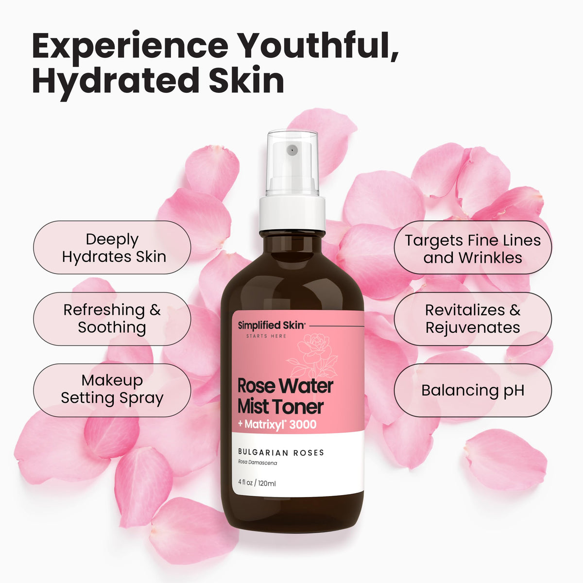 Simplified Skin Rose Water Spray with mist being applied