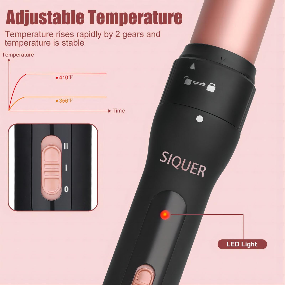SIQUER curling wand in use on long hair