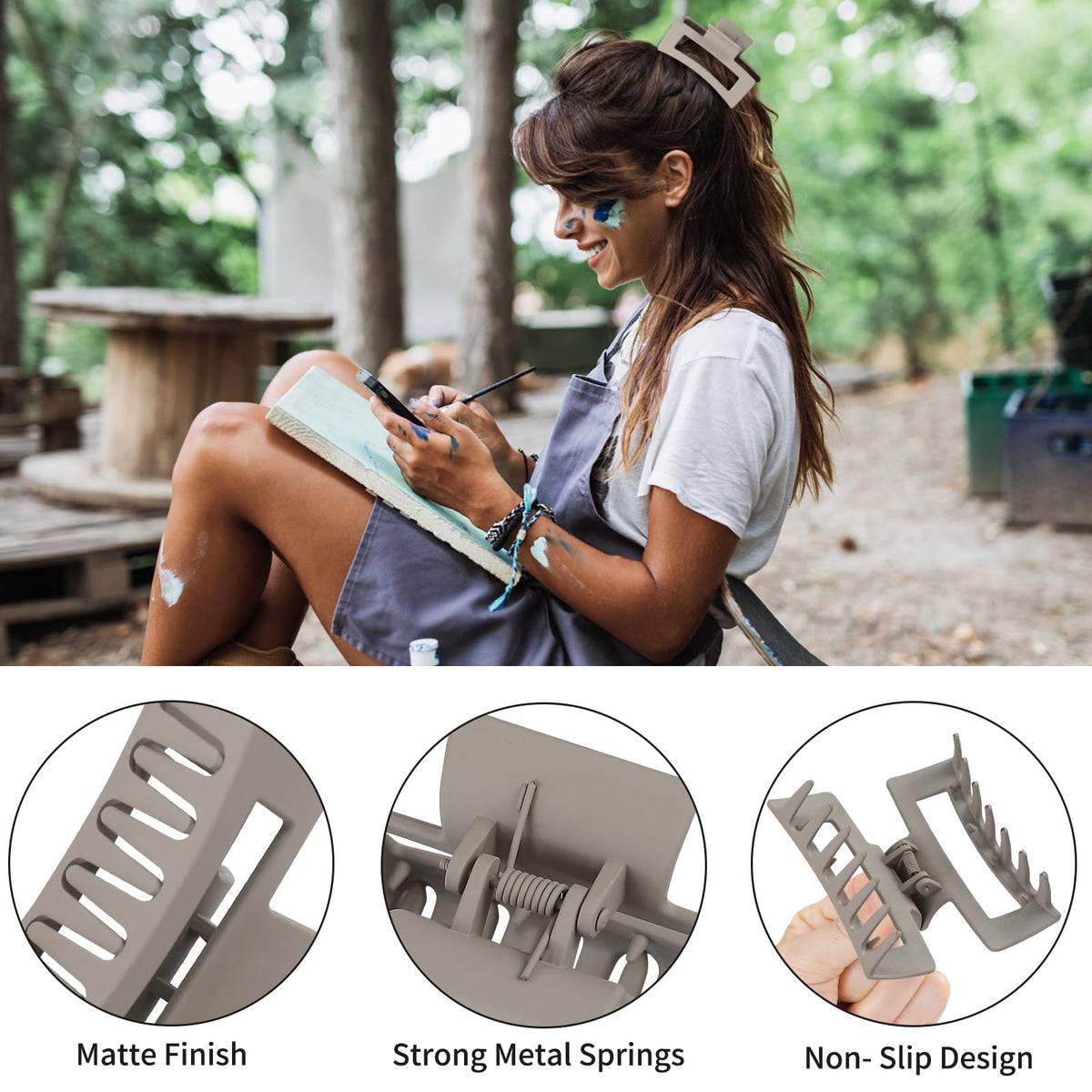 Sisiaipu Square Hair Clip in Grey colour, 3.5 inch size