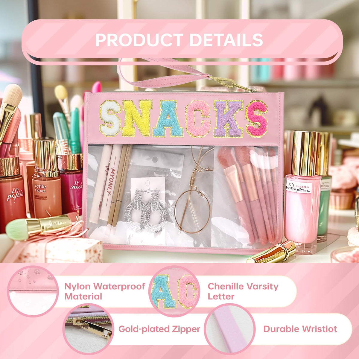Siwara Clear Cosmetic Bag showing waterproof material