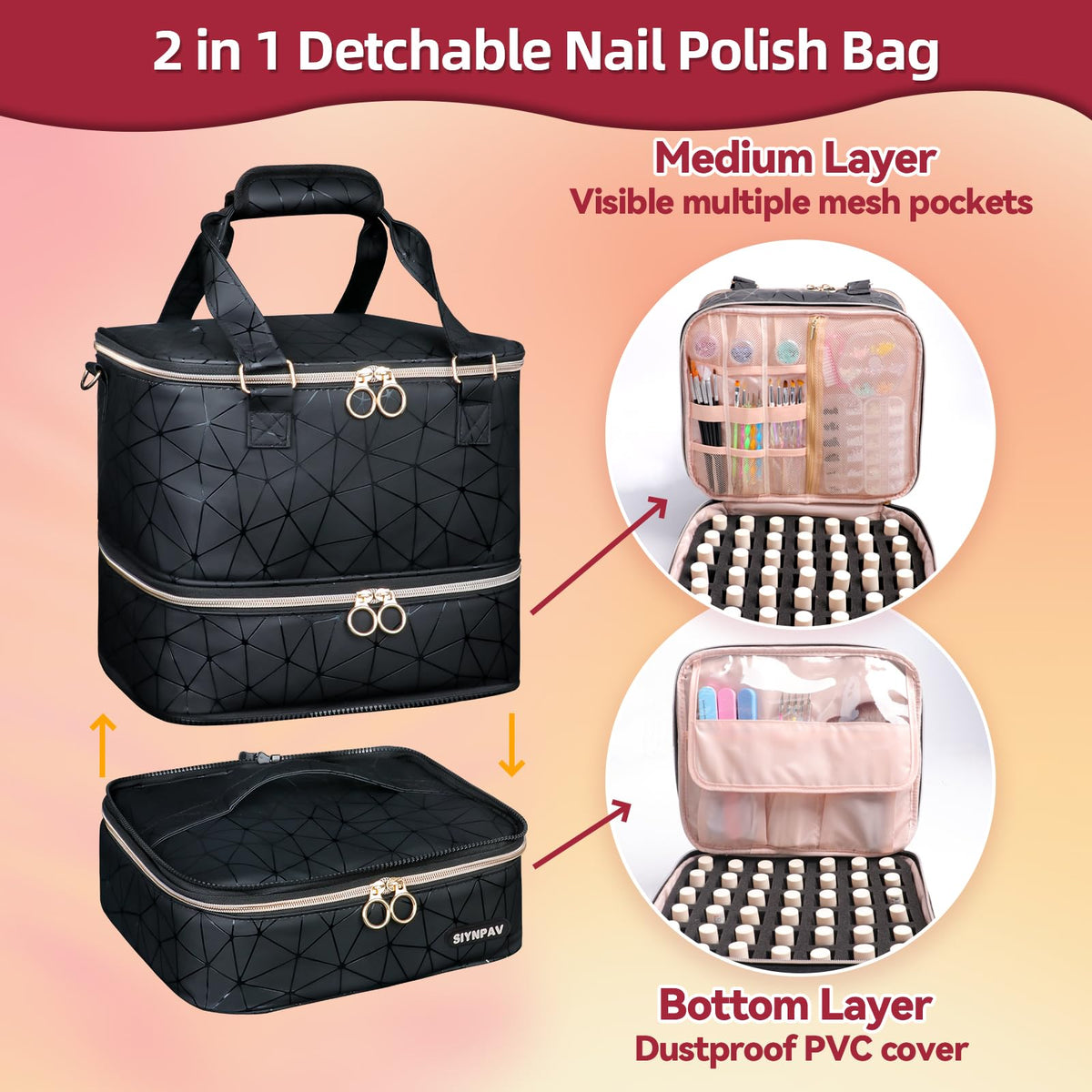 SIYNPAV Nail Polish Organizer Bag open showing upper compartment