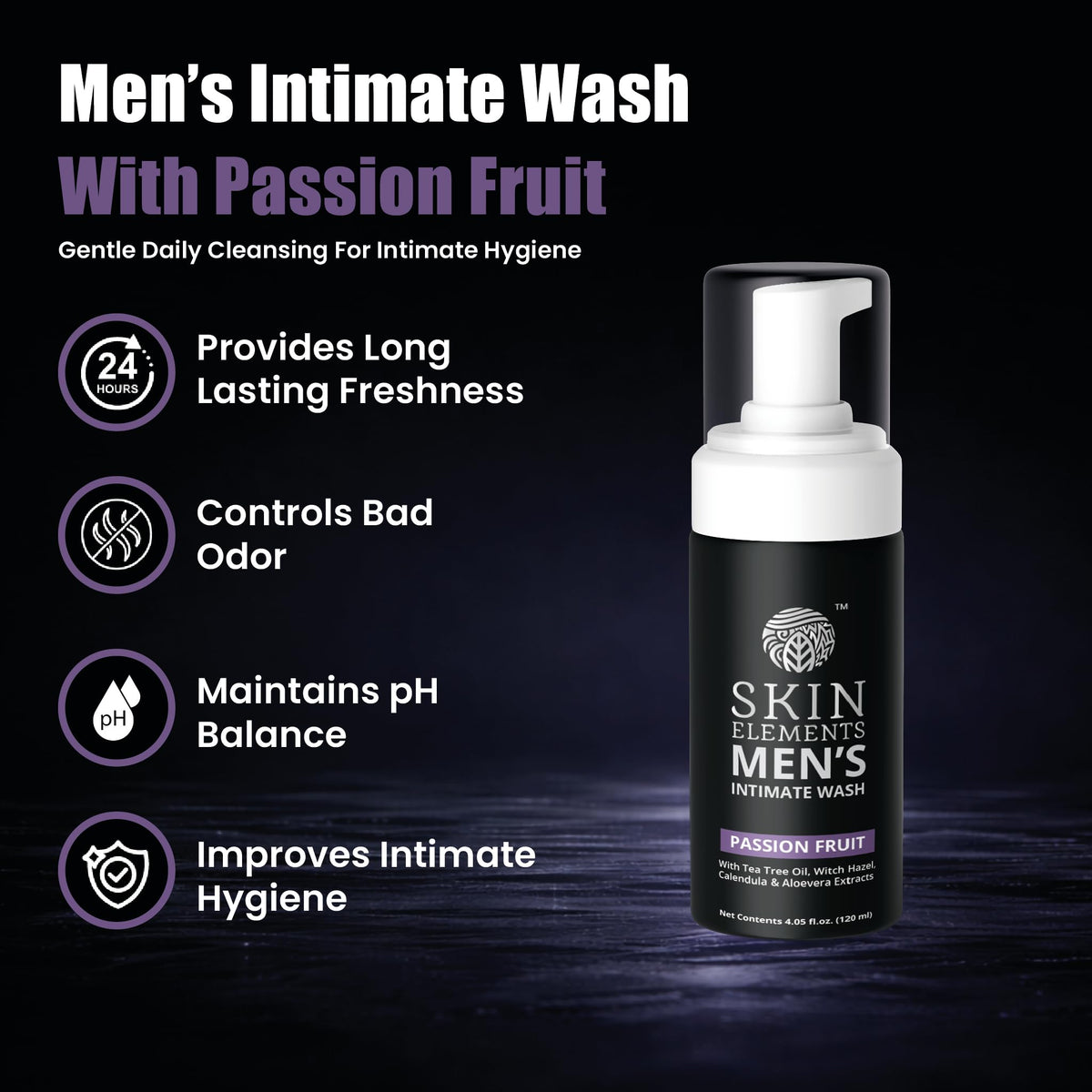 Skin Elements Foaming Men’s Intimate Wash Passion Fruit bottle side view