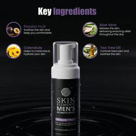 Skin Elements Foaming Men’s Intimate Wash Passion Fruit with ingredients displayed