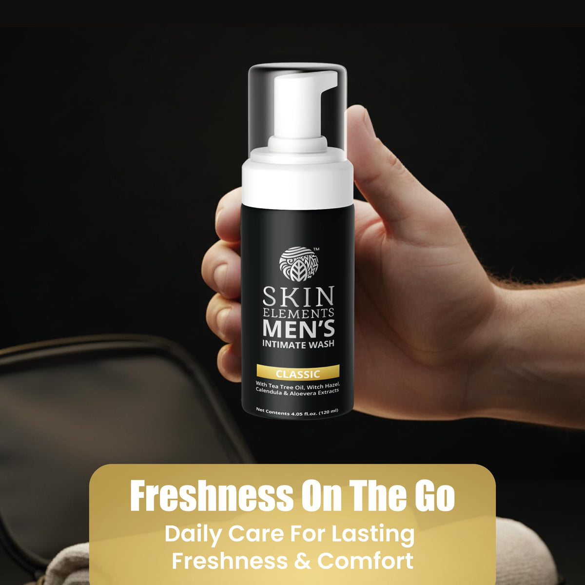Skin Elements Men's Intimate Wash 4.05 Fl Oz side view showing pump