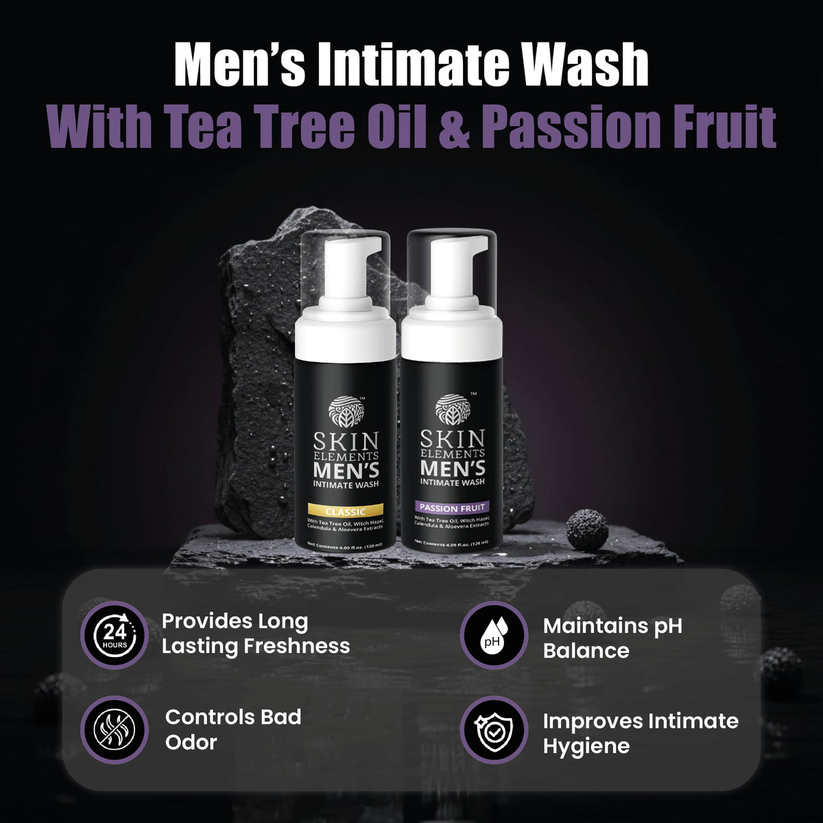Skin Elements Men's Intimate Wash showing tea tree oil and passion fruit ingredients