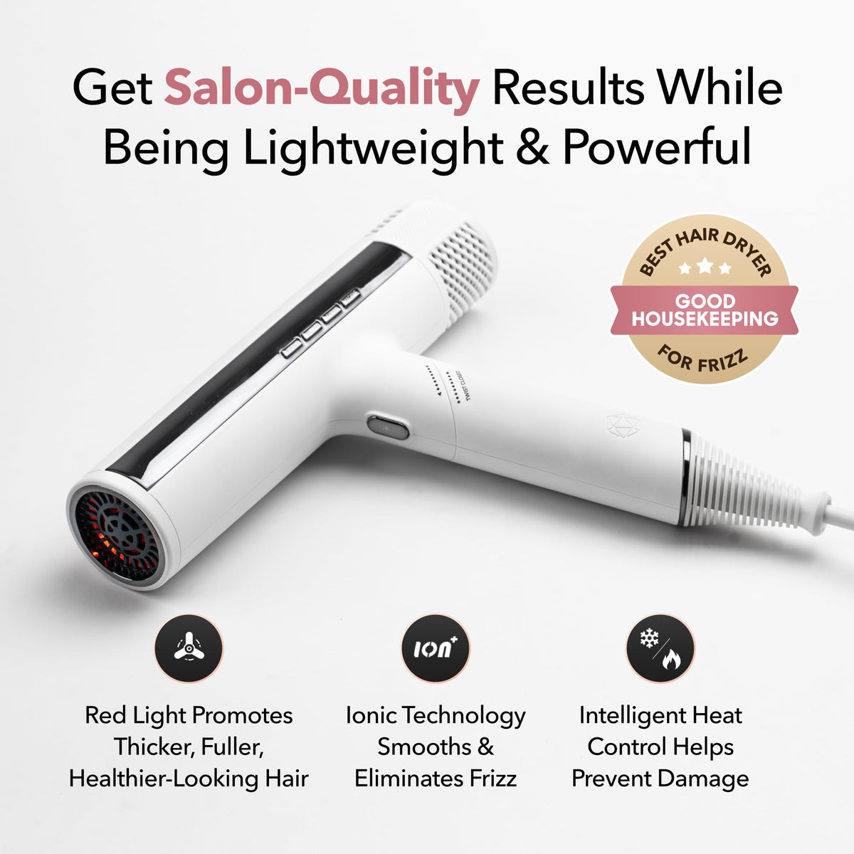 Skin Research Institute DryQ Smart Hair Dryer on a bathroom counter