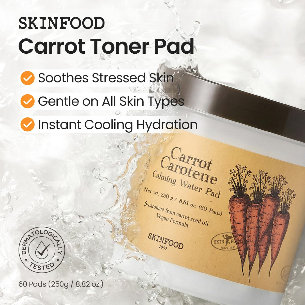SKINFOOD Carrot Carotene Toner Pads on a skincare table