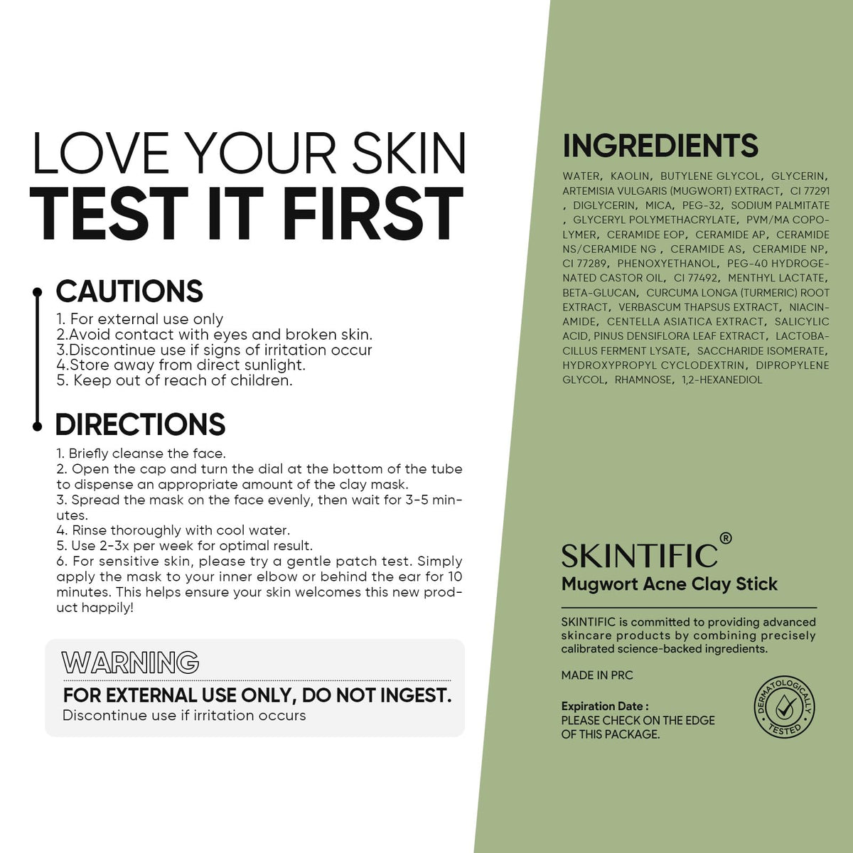 SKINTIFIC Mugwort Clay Stick Face Mask packaging