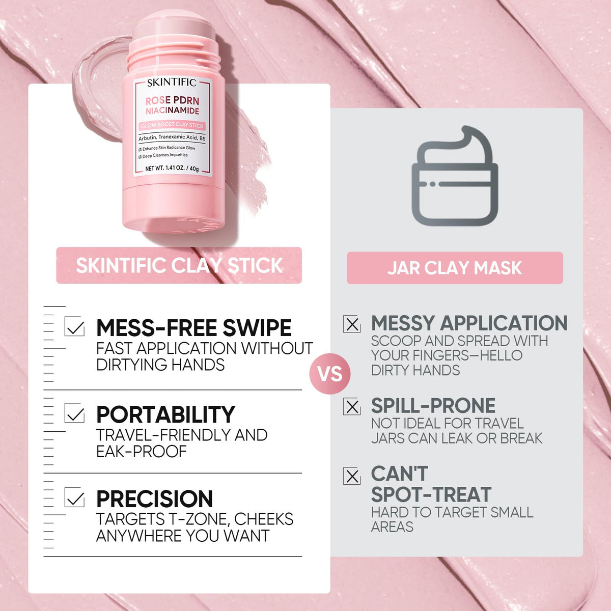 SKINTIFIC Rose PDRN Clay Mask Stick on a bathroom counter