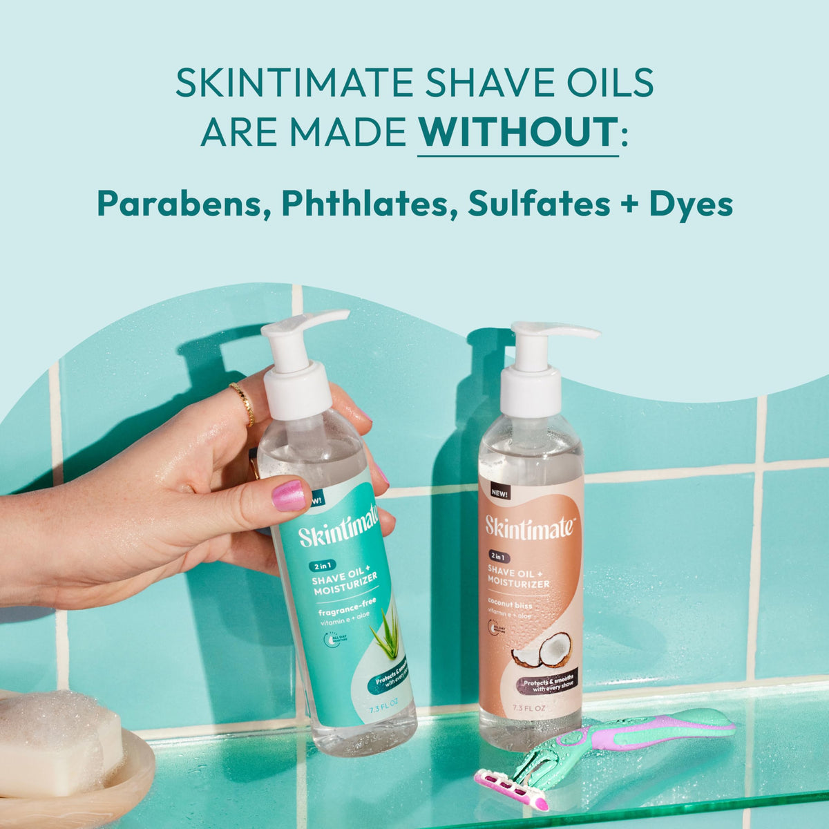 Skintimate 2-in-1 Shave Oil & Moisturizer 7.3oz in bathroom setting