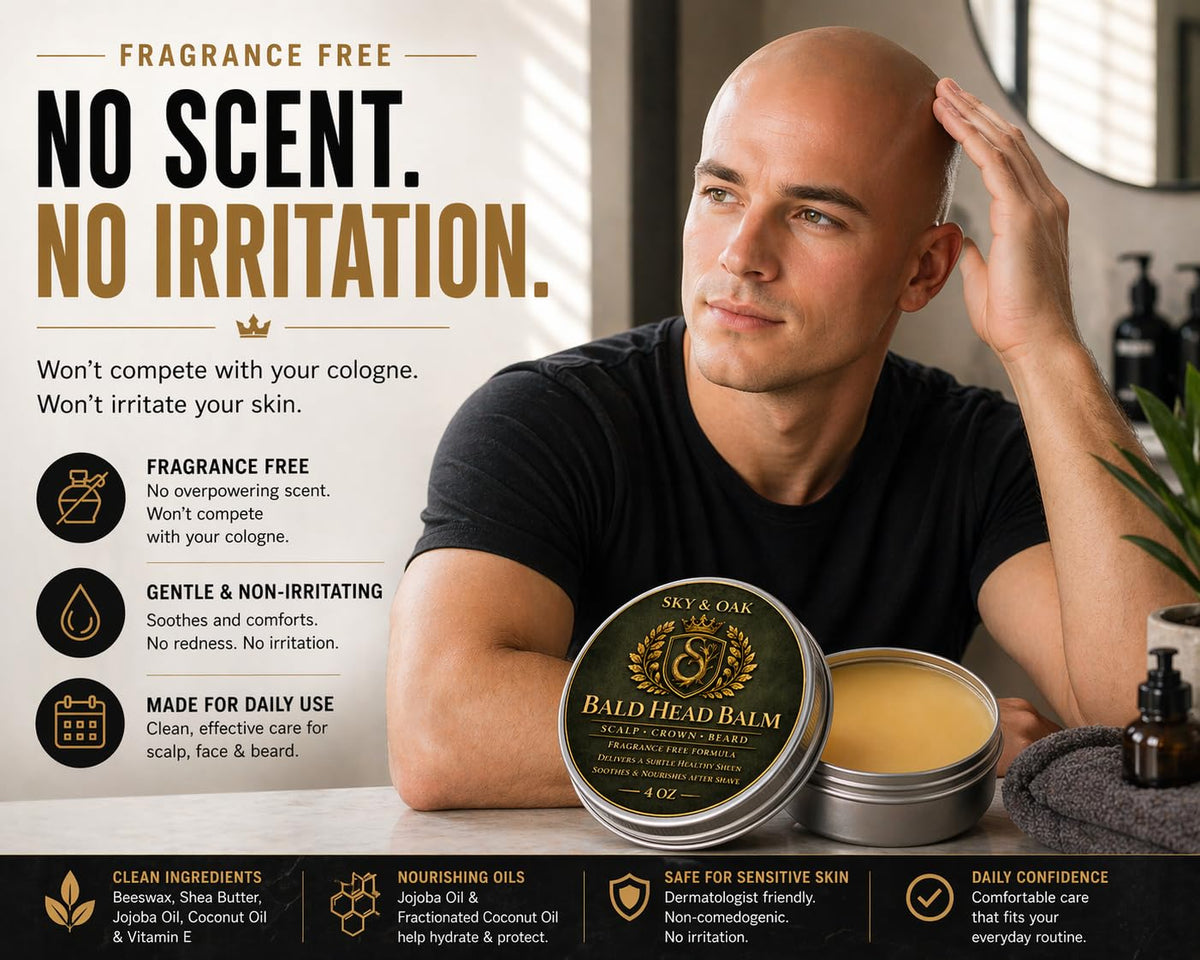 Sky and Oak Bald Head Balm product overview with dimensions