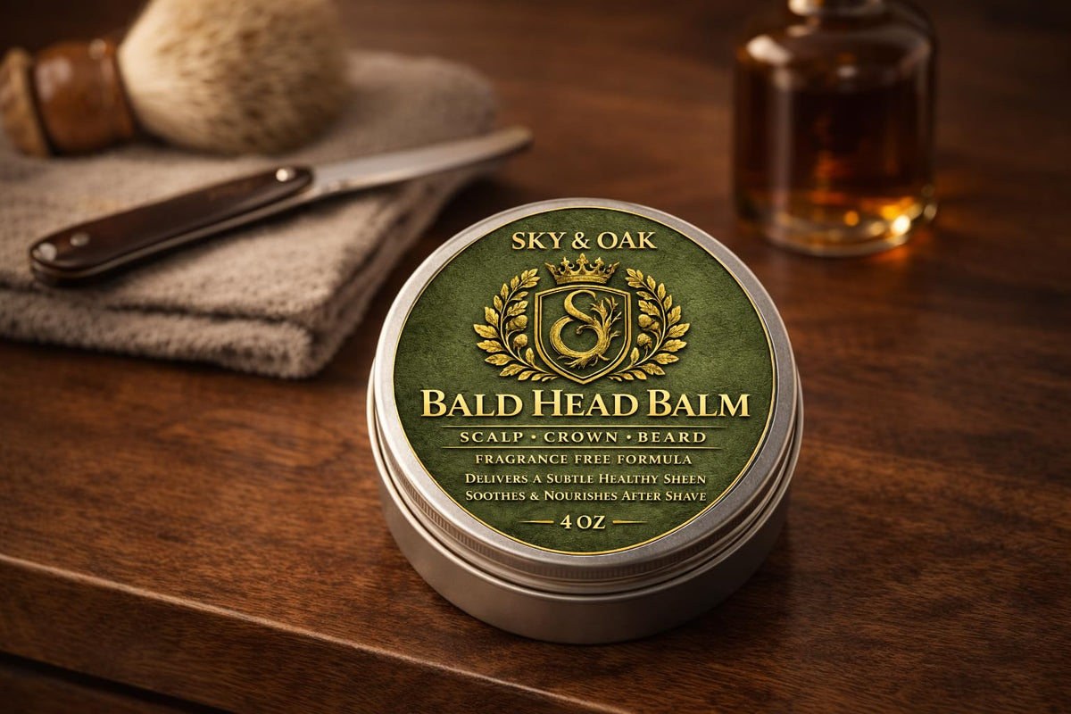 Sky and Oak Bald Head Balm with a beard grooming kit