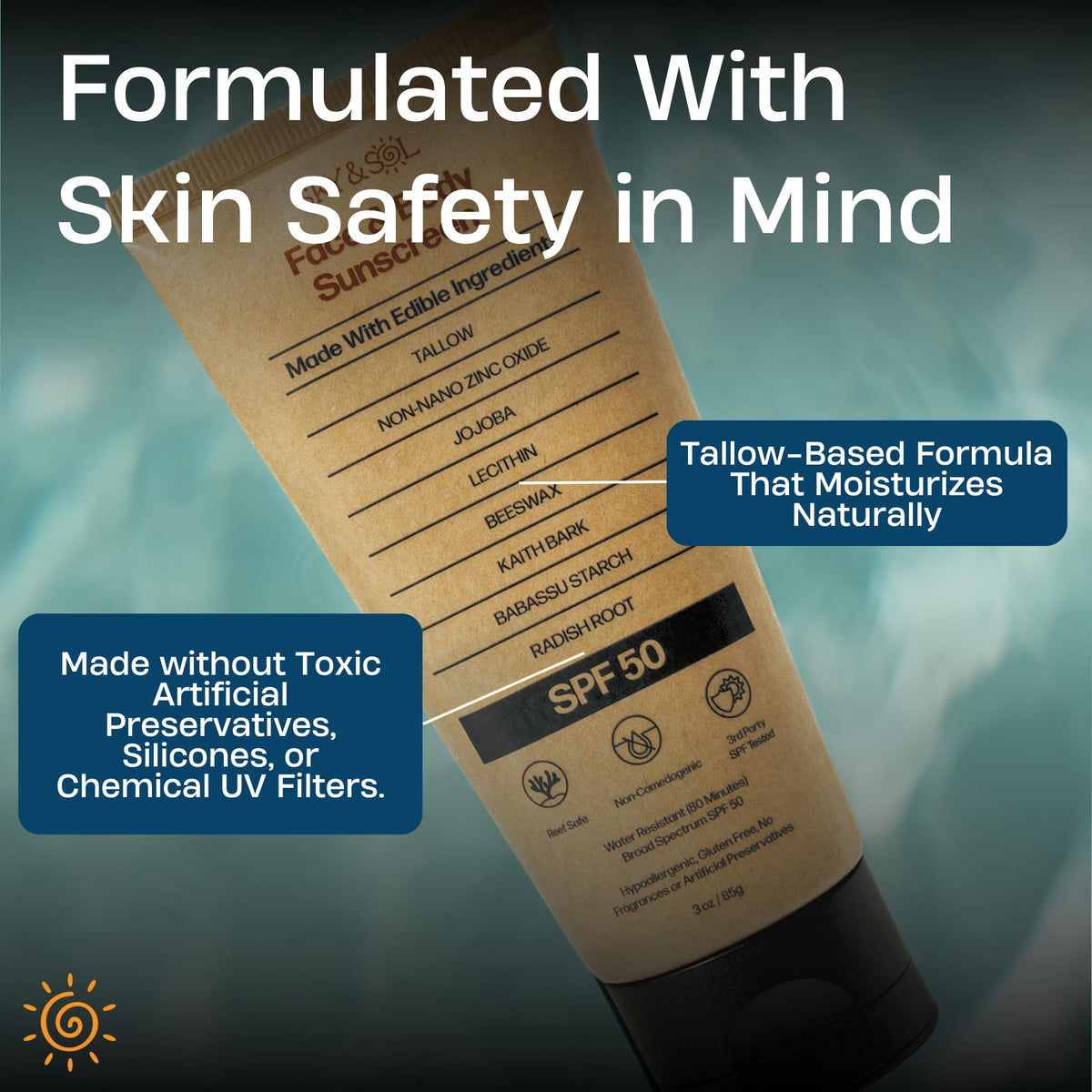 Sky and Sol Mineral Sunscreen SPF 50 on a beach setting