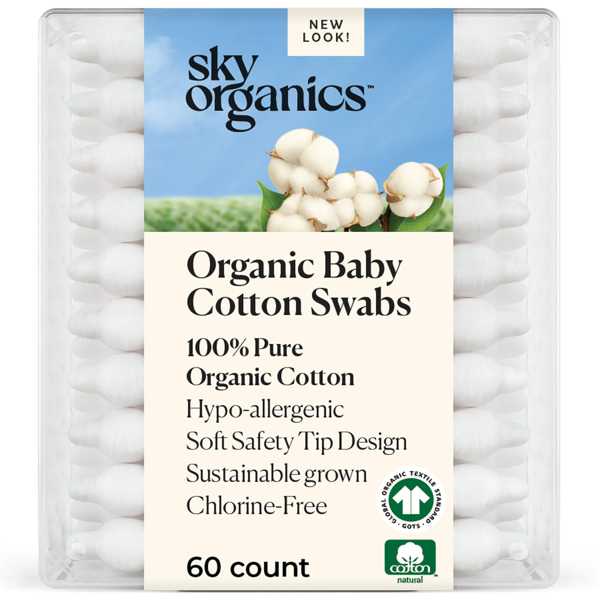Sky Organics Organic Cotton Swabs 60ct pack front view