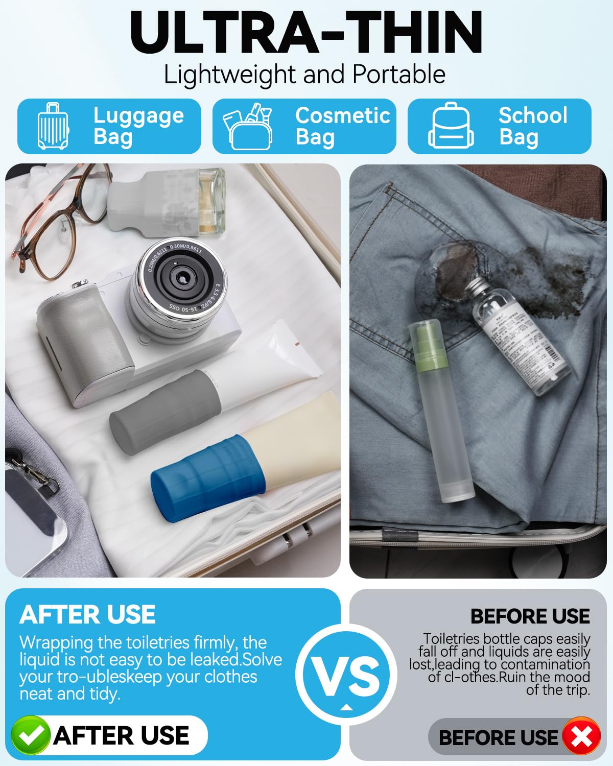 Skyconser Silicone Bottle Cover showing elastic fit on toiletries