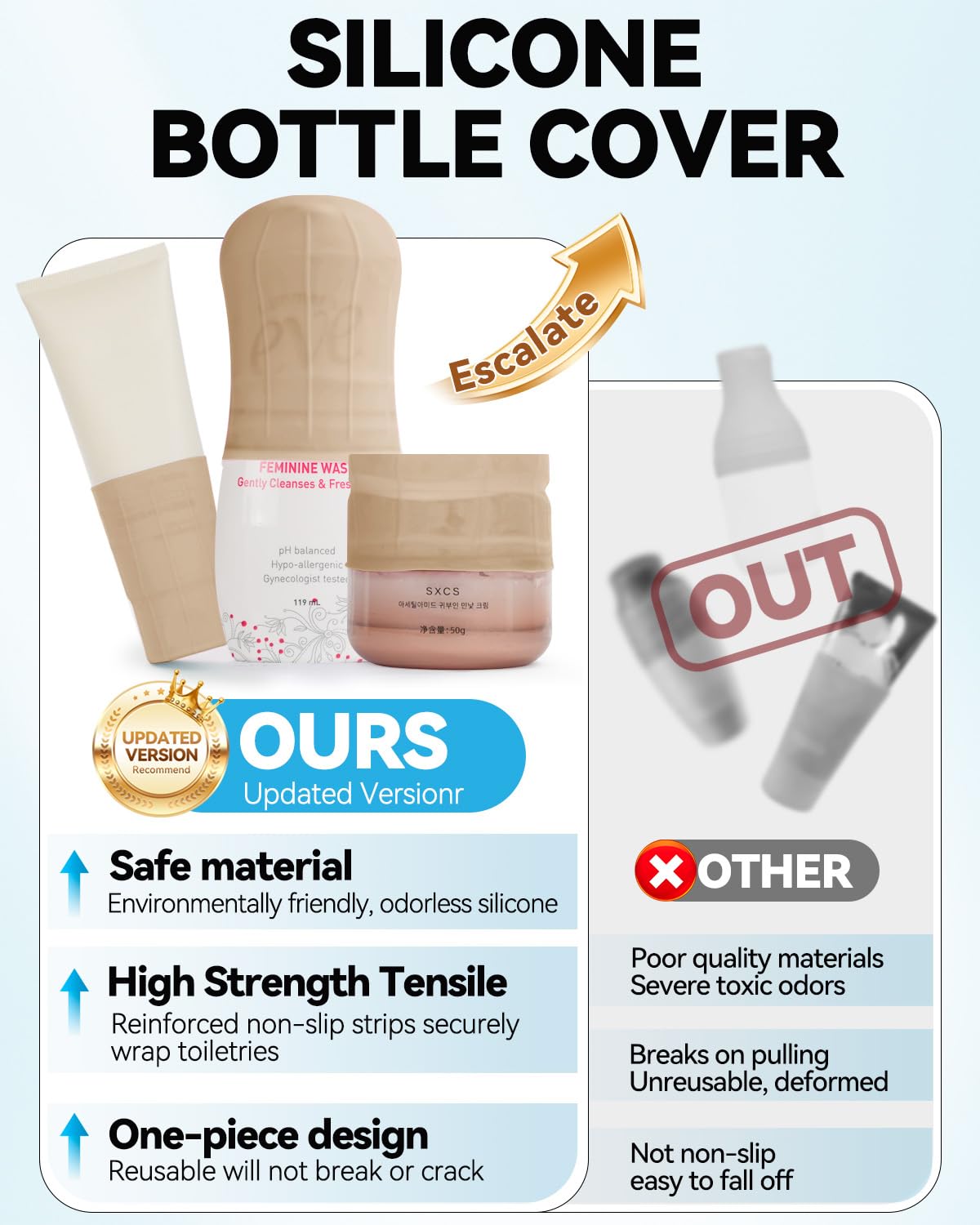 Skyconser Silicone Bottle Covers displayed with toiletries