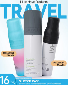 Skyconser Silicone Bottle Covers in use on shampoo and conditioner bottles