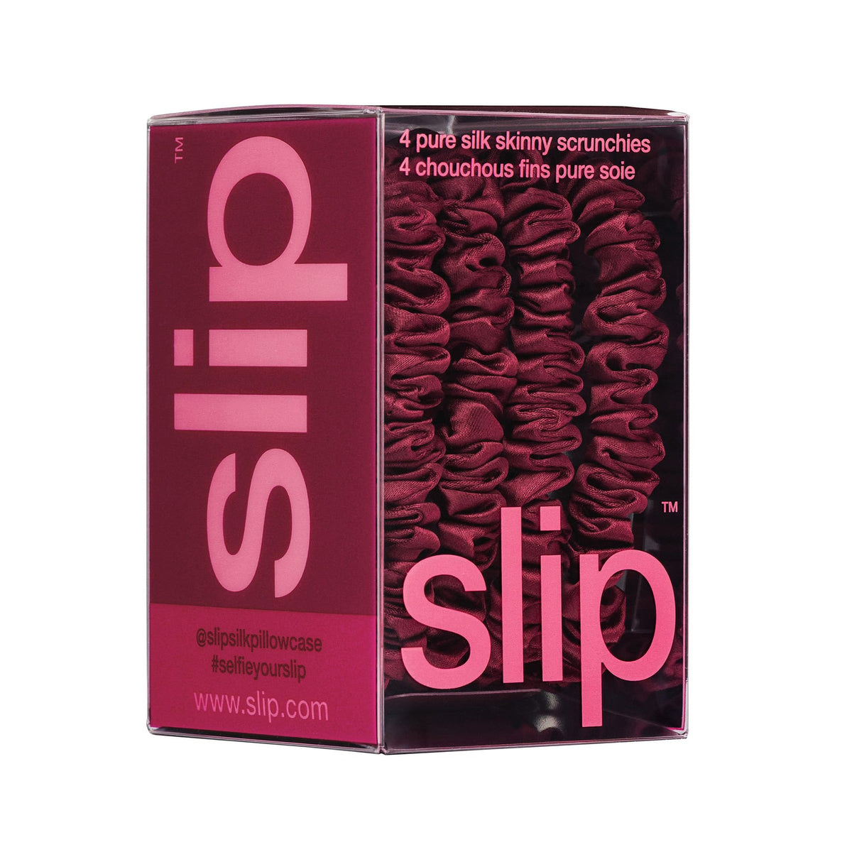 SLIP maroon silk skinny scrunchies on a model's wrist