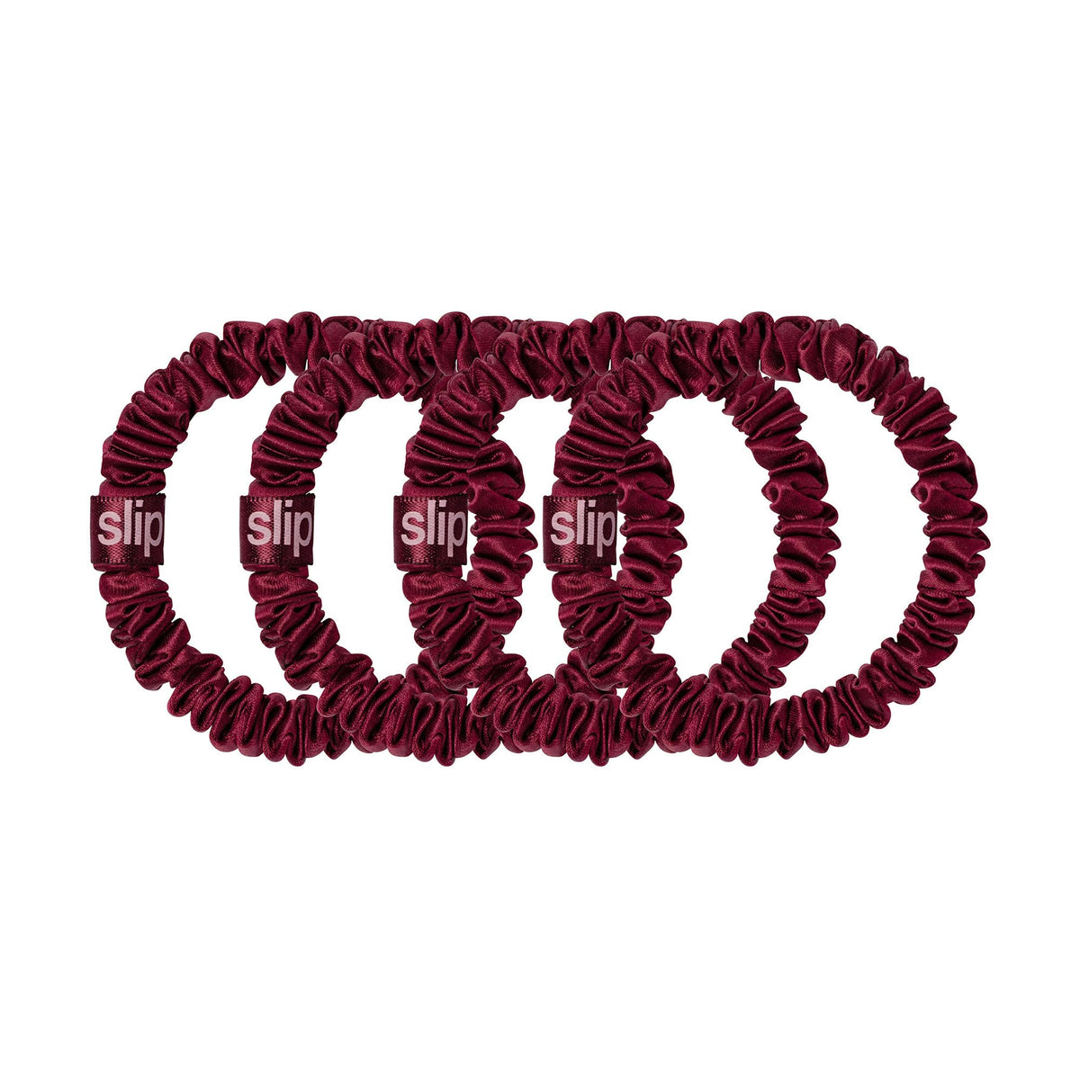 SLIP maroon silk skinny scrunchies styled in hair