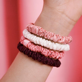 SLIP scrunchies in Blush, Harriet, and White colours