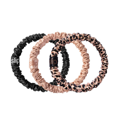 SLIP Silk Hair Ties Farrah Skinny Scrunchies set of 3 with black, rose gold leopard, and pure silk designs