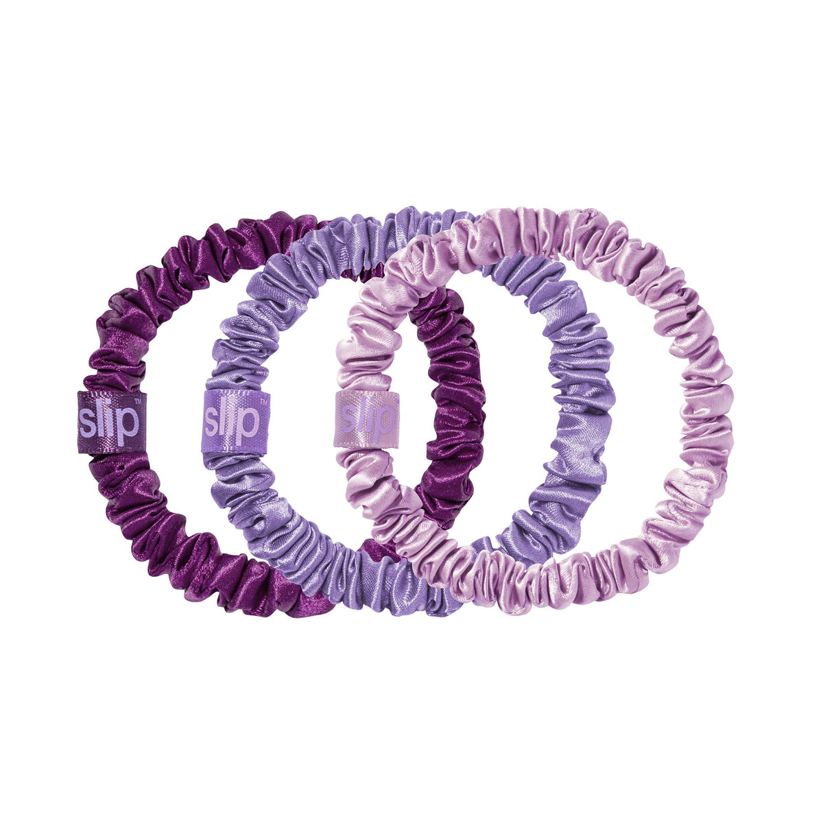 SLIP Silk Hair Ties set of 3 violet skinny scrunchies in packaging