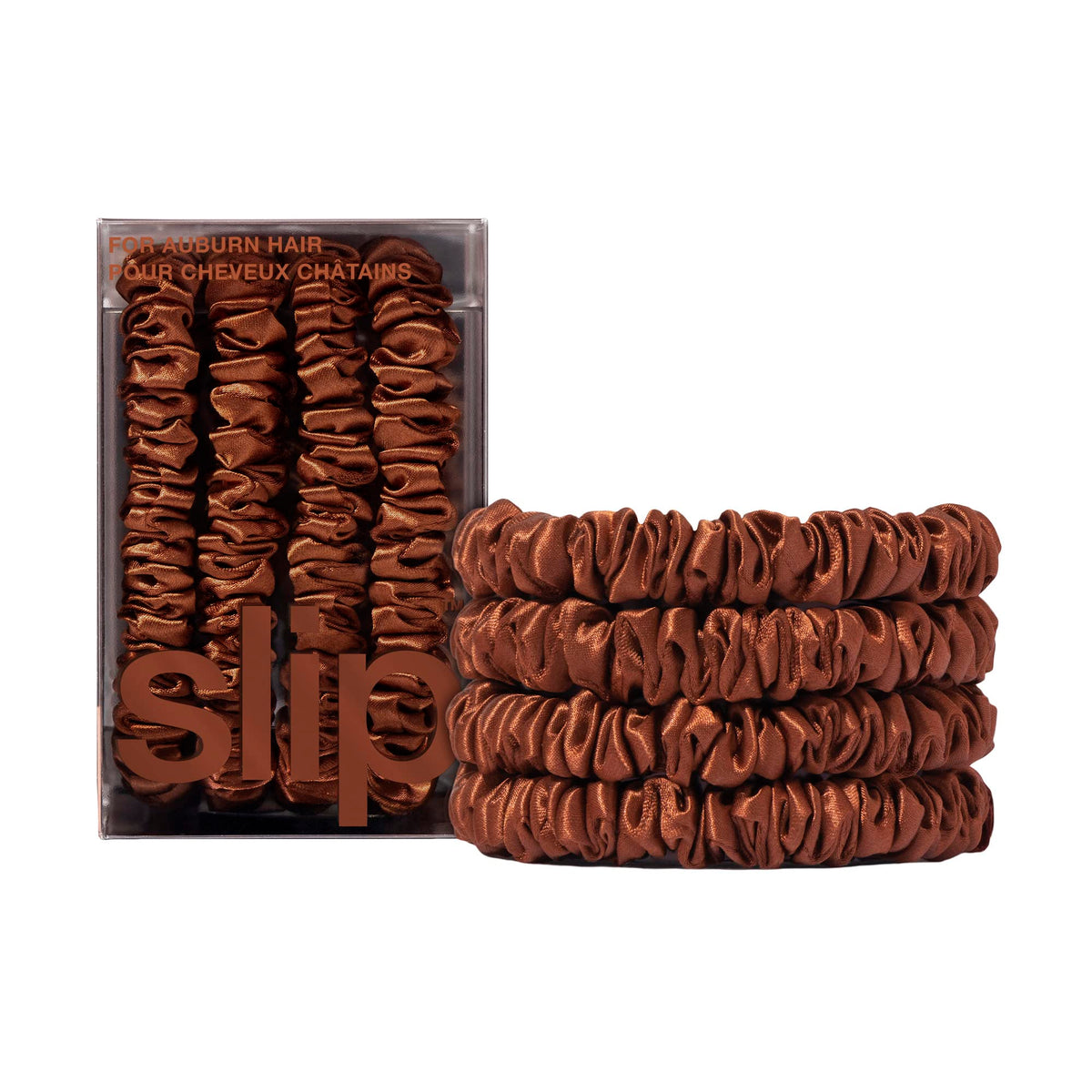 SLIP Silk Hair Ties Set of 4 auburn skinny scrunchies front view