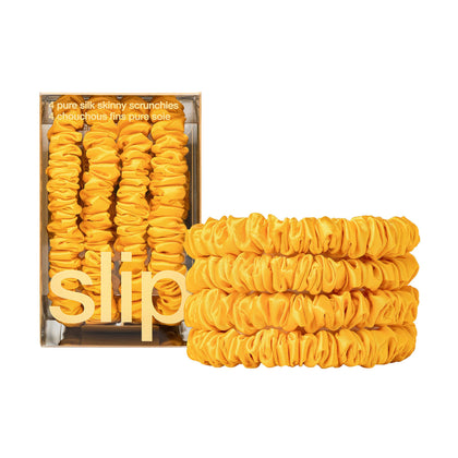 SLIP Silk Hair Ties set of 4 golden skinny scrunchies front view