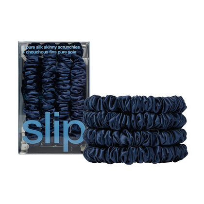 SLIP Silk Hair Ties Set of 4 Navy Skinny Scrunchies front view
