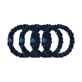 SLIP Silk Hair Ties Set of 4 Navy Skinny Scrunchies on a table