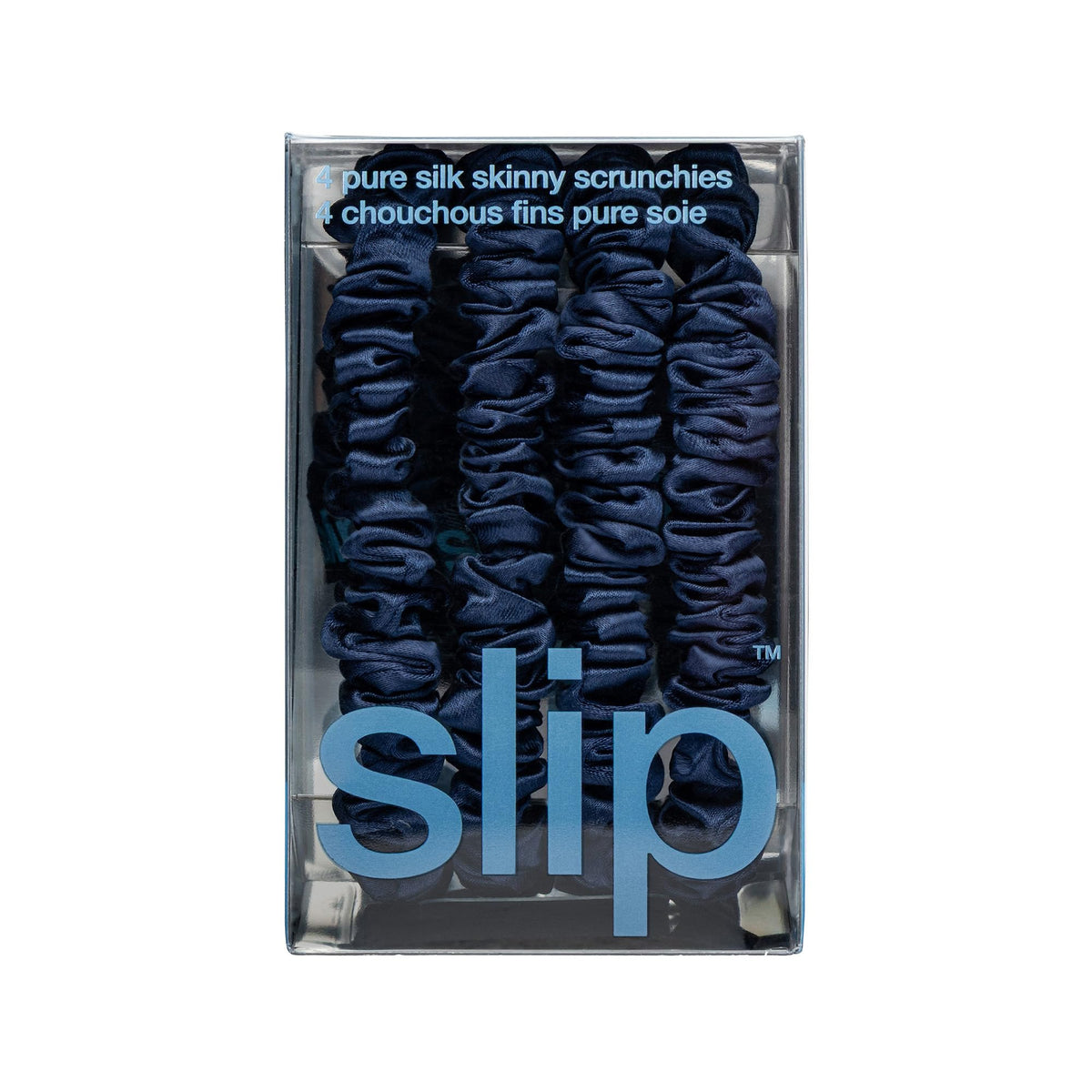 SLIP Silk Hair Ties Set of 4 Navy Skinny Scrunchies with hair