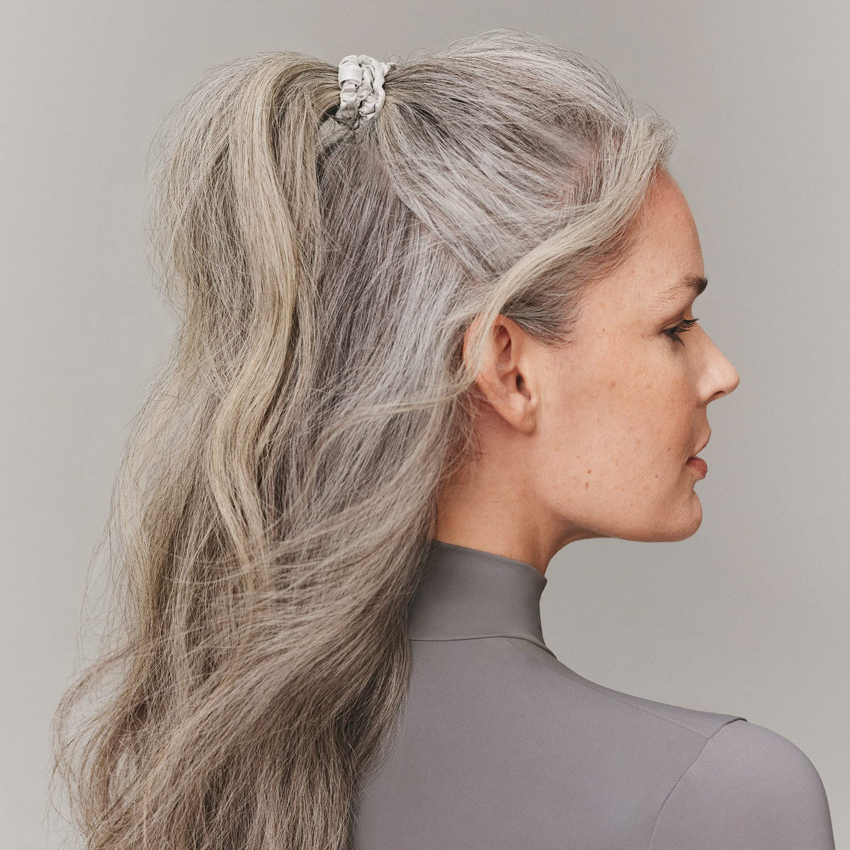 SLIP Silk Hair Ties Set of 4 silver skinny scrunchies close-up