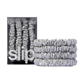 SLIP Silk Hair Ties Set of 4 silver skinny scrunchies front view