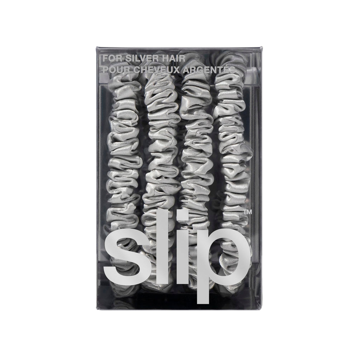SLIP Silk Hair Ties Set of 4 silver skinny scrunchies in a hair care routine