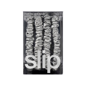 SLIP Silk Hair Ties Set of 4 silver skinny scrunchies in a hair care routine