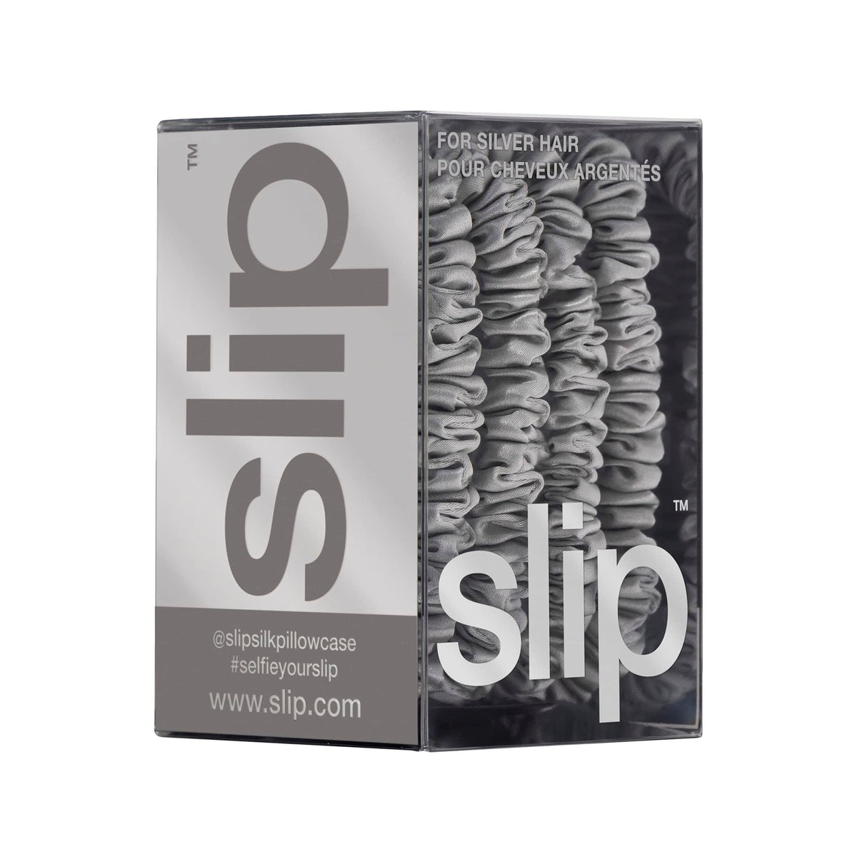 SLIP Silk Hair Ties Set of 4 silver skinny scrunchies with other hair accessories