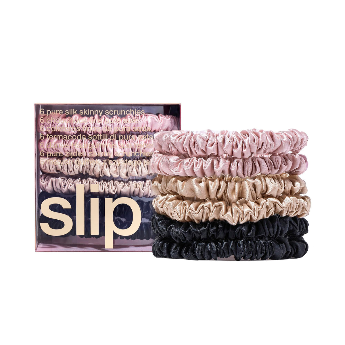 SLIP Silk Hair Ties Set of 6 in pink, caramel, and black