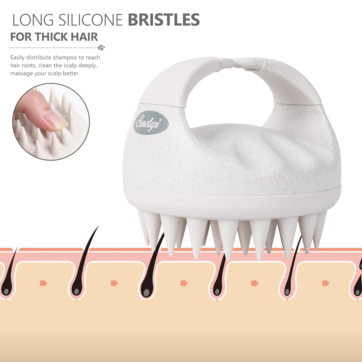 Sndyi Scalp Massager in packaging with satin hair tie