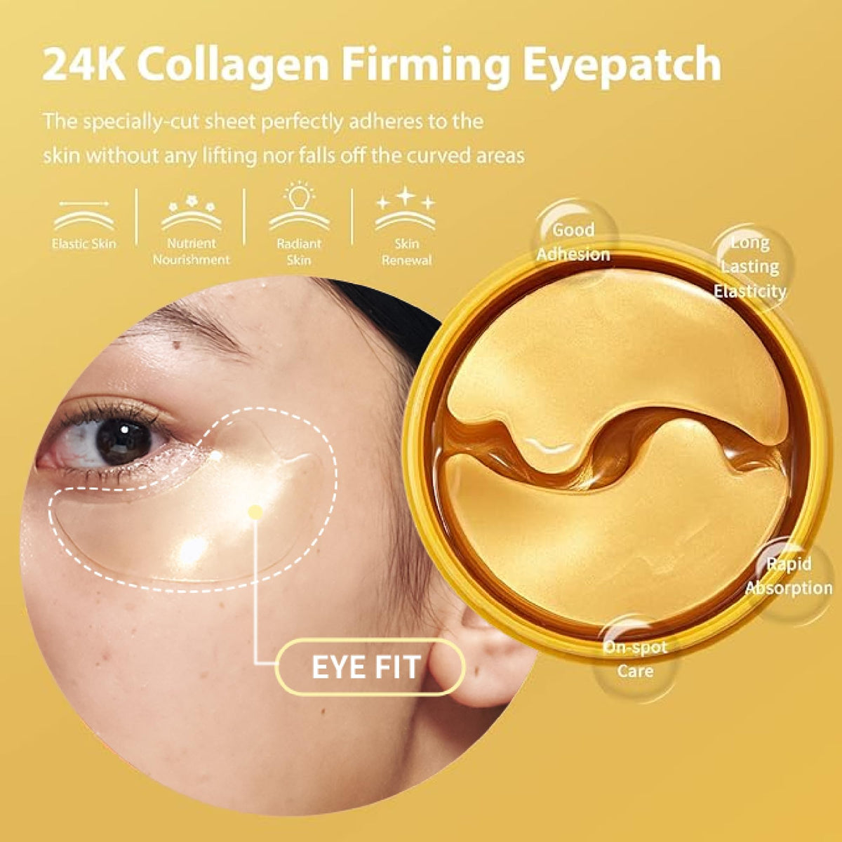 SNP 24K Gold Collagen Firming Eye Patch applied on model's under eyes