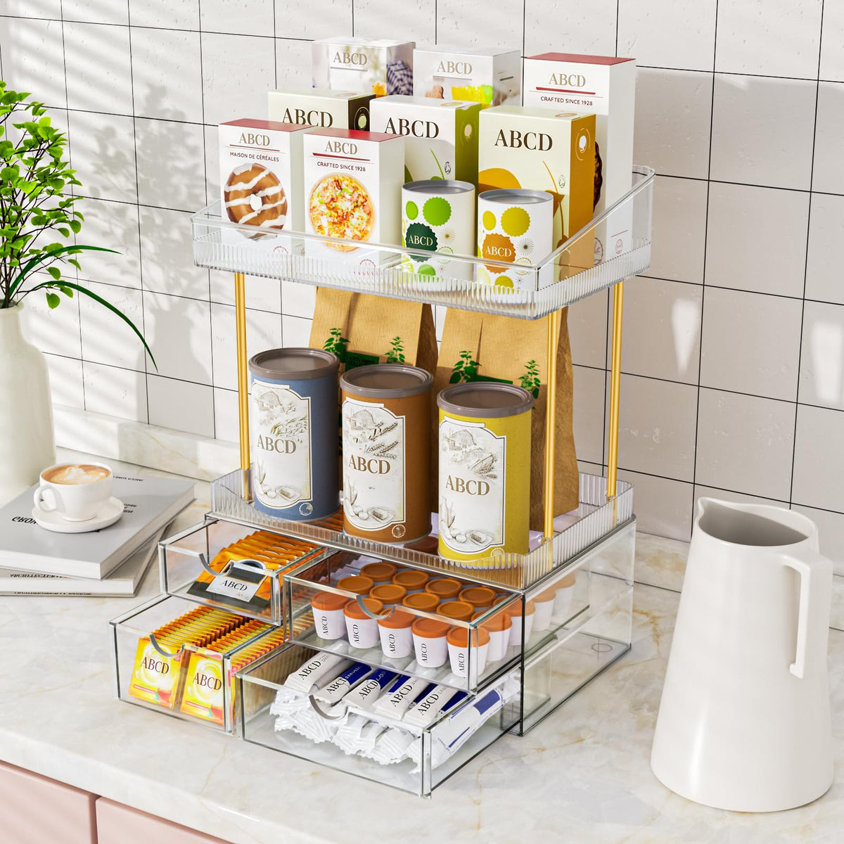SNSLXH 4-Tier Clear Makeup Organizer on bathroom counter