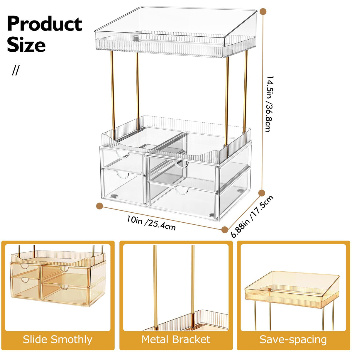 SNSLXH 4-Tier Clear Makeup Organizer with drawers open