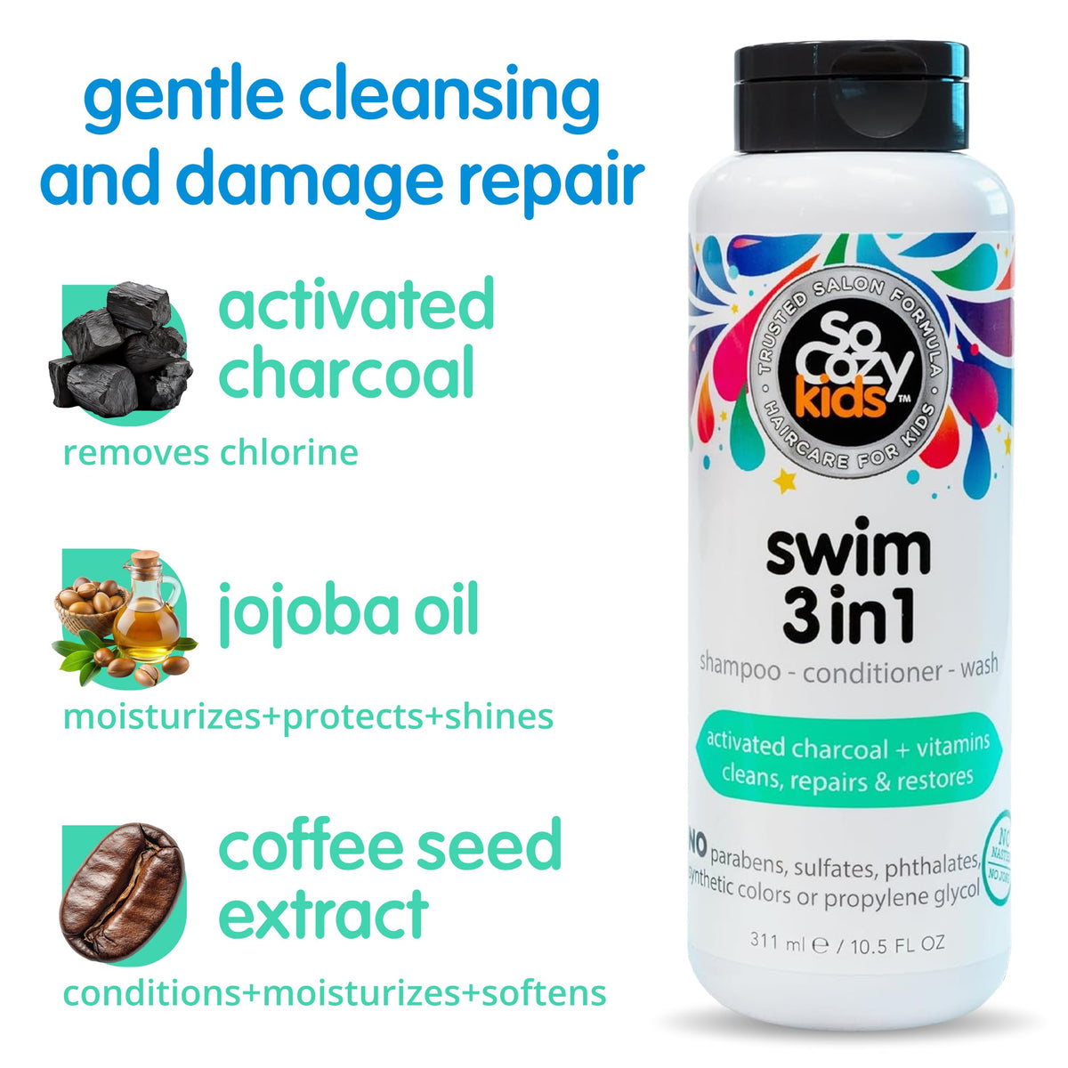 SO COZY Kids Swim 3-in-1 Shampoo, Conditioner & Body Wash with pool background