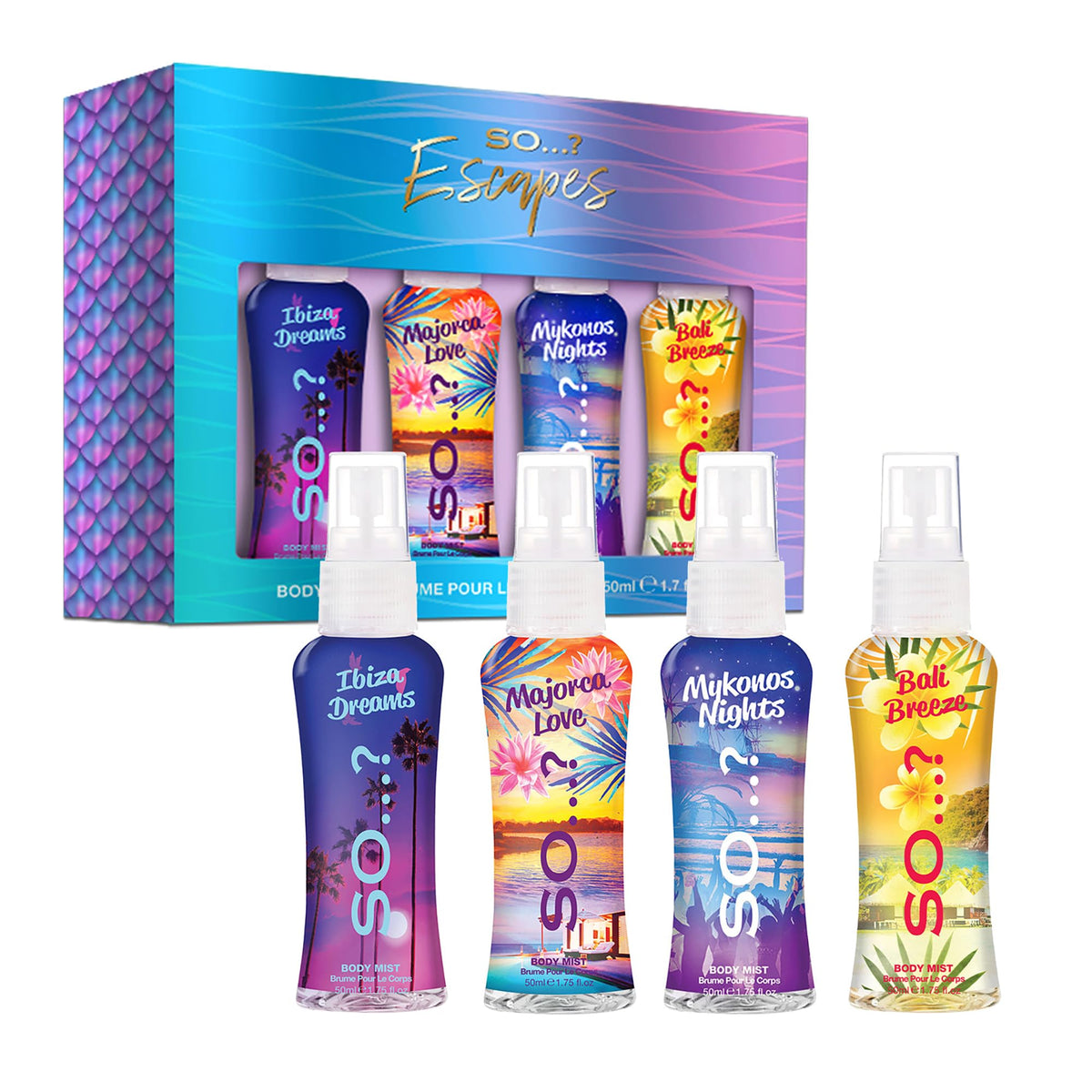 So...? Escapes Body Mist Set with four 50ml bottles in packaging