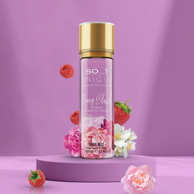 So...? Unique Peony Blush Body Mist with floral background