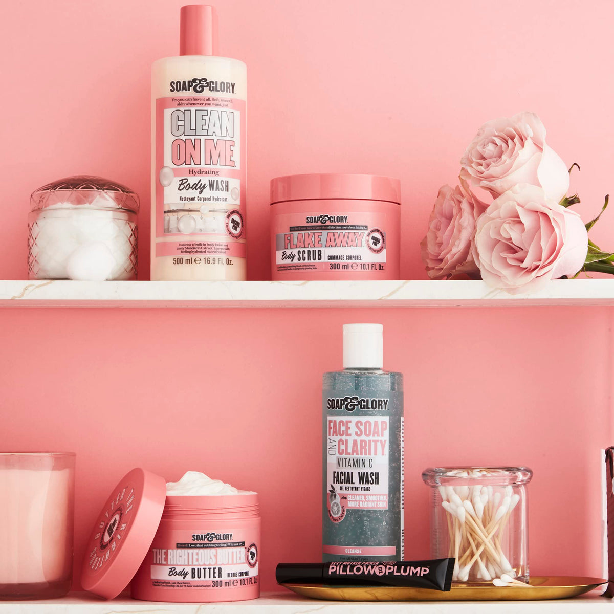 Soap & Glory Face Soap & Clarity 3-in-1 Cleansing Gel on bathroom counter