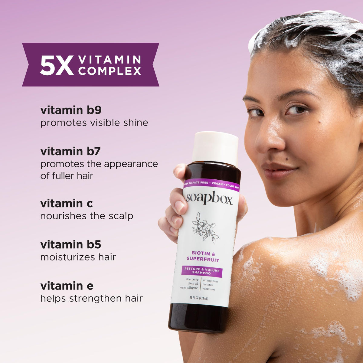 Soapbox Biotin & Super Fruit Shampoo and Conditioner on a bathroom shelf
