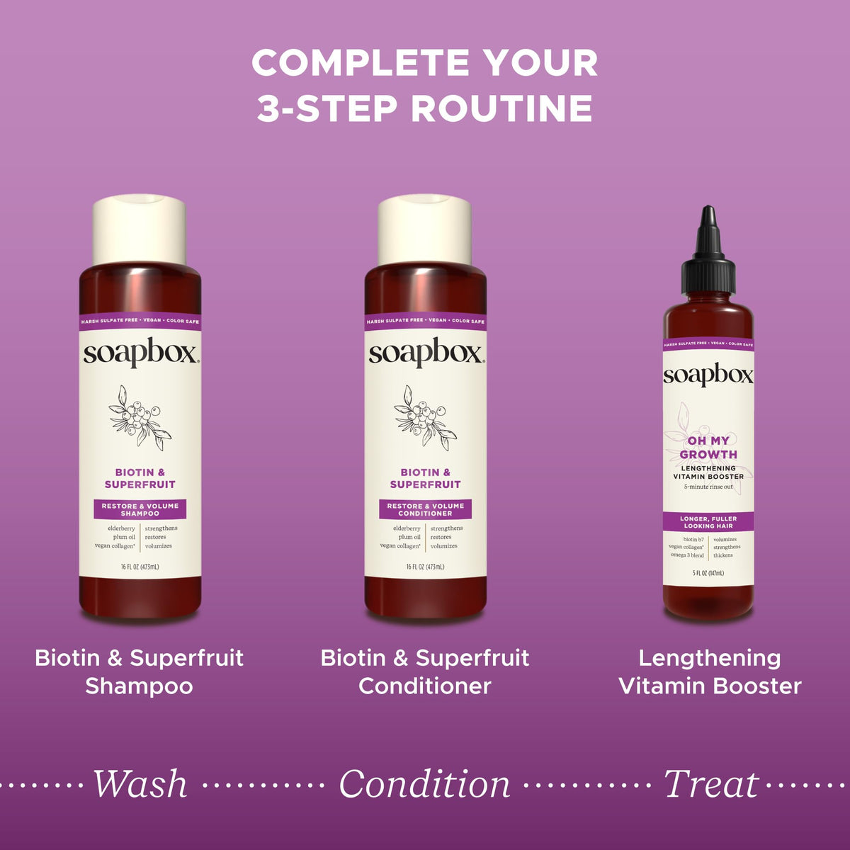 Soapbox Biotin & Super Fruit Shampoo and Conditioner packaging details