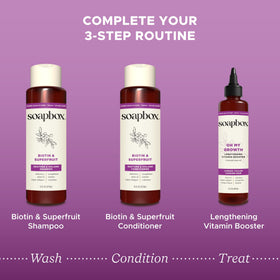 Soapbox Biotin & Super Fruit Shampoo and Conditioner packaging details