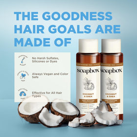 Soapbox Coconut & Shea Conditioner on a bathroom shelf