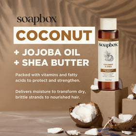 Soapbox Coconut & Shea Shampoo pouring into hand